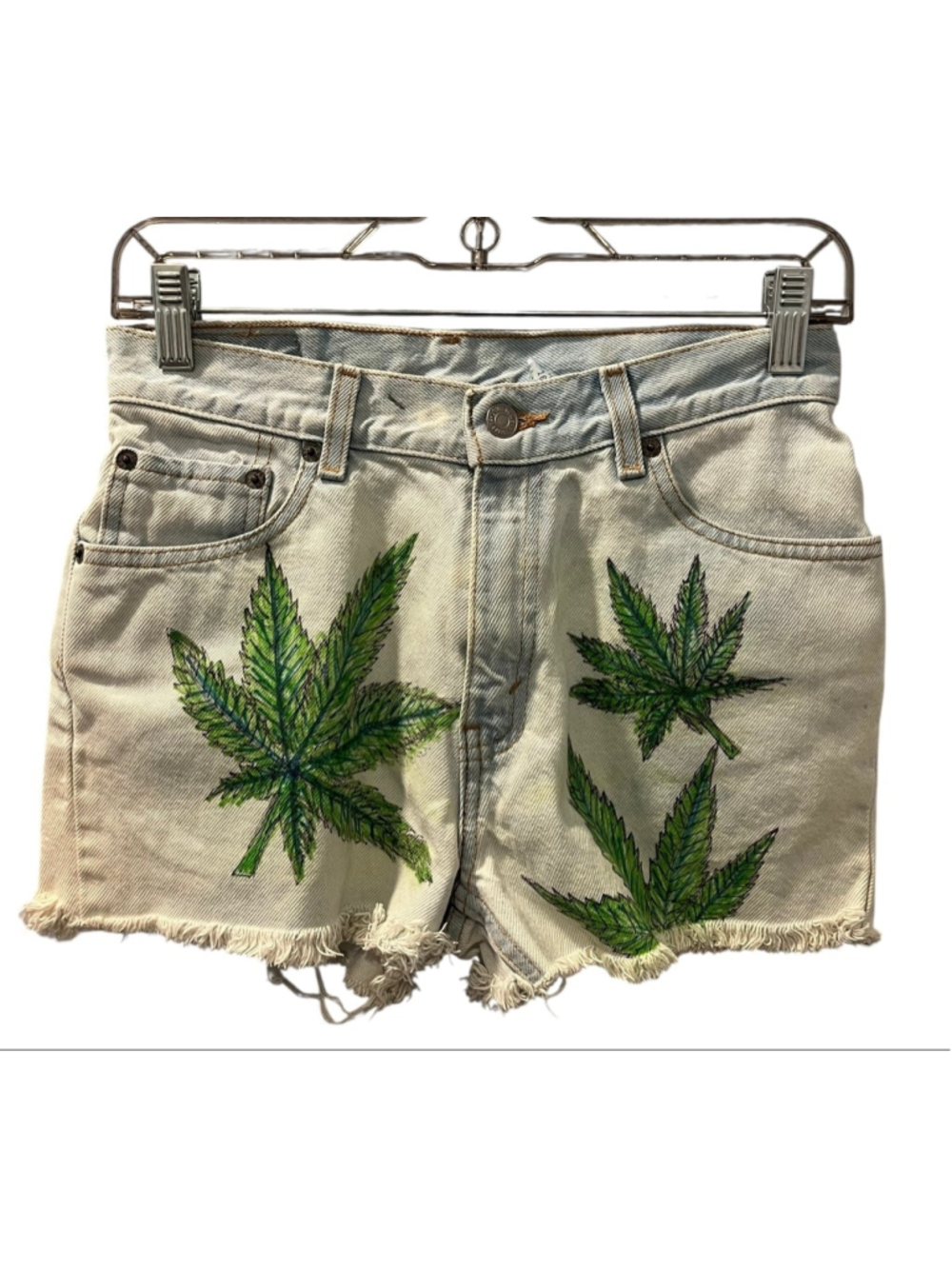 Vintage 2002 Levi's 517 Custom Hemp Leaf Blue Denim Shorts Size 16 Y2K Festival